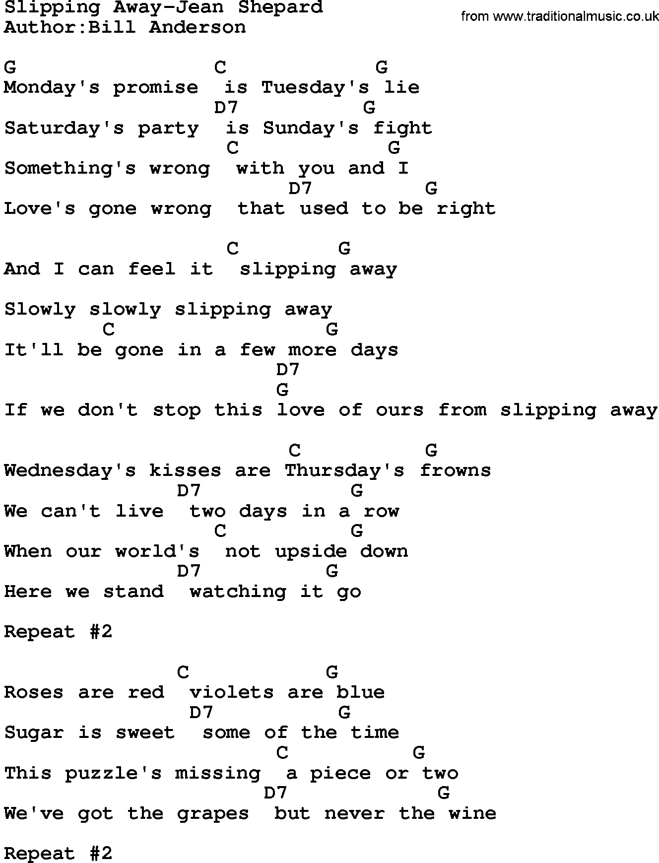 Country music song: Slipping Away-Jean Shepard lyrics and chords