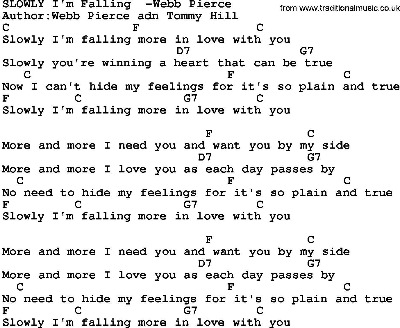 Country music song: Slowly I'm Falling -Webb Pierce lyrics and chords