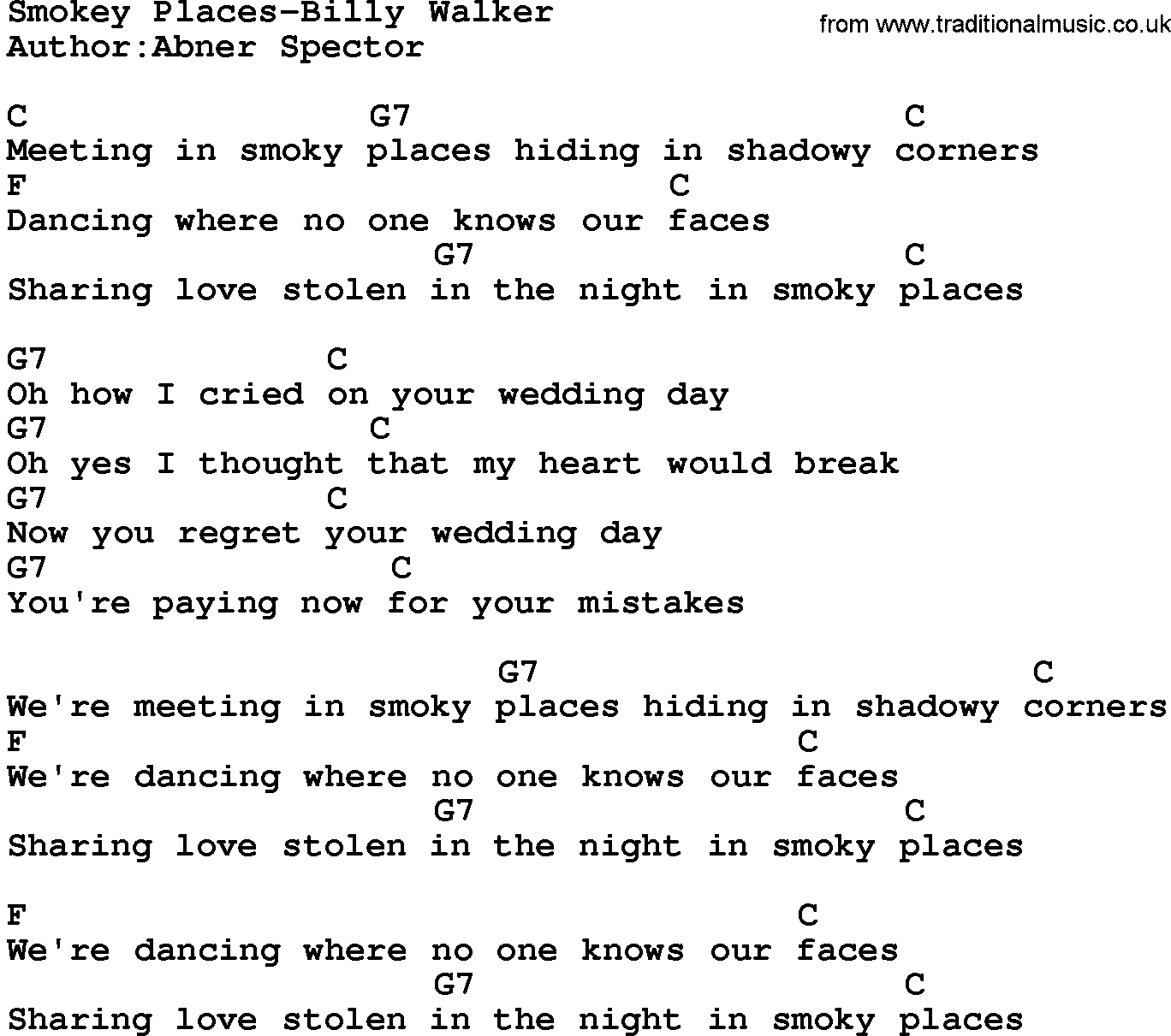 Country music song: Smokey Places-Billy Walker lyrics and chords