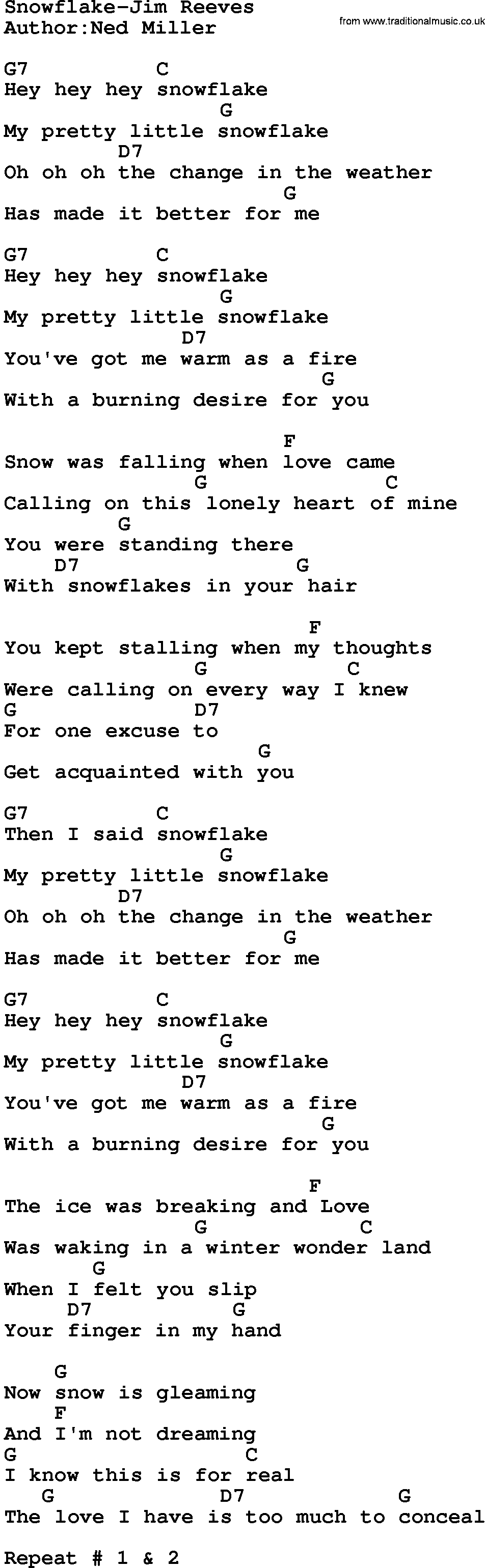 Country music song: Snowflake-Jim Reeves lyrics and chords
