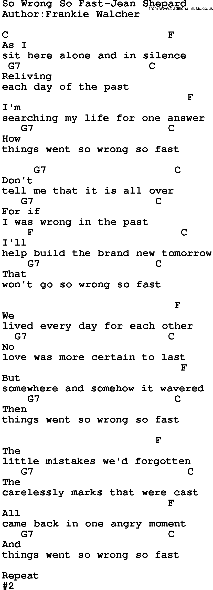 Country music song: So Wrong So Fast-Jean Shepard lyrics and chords