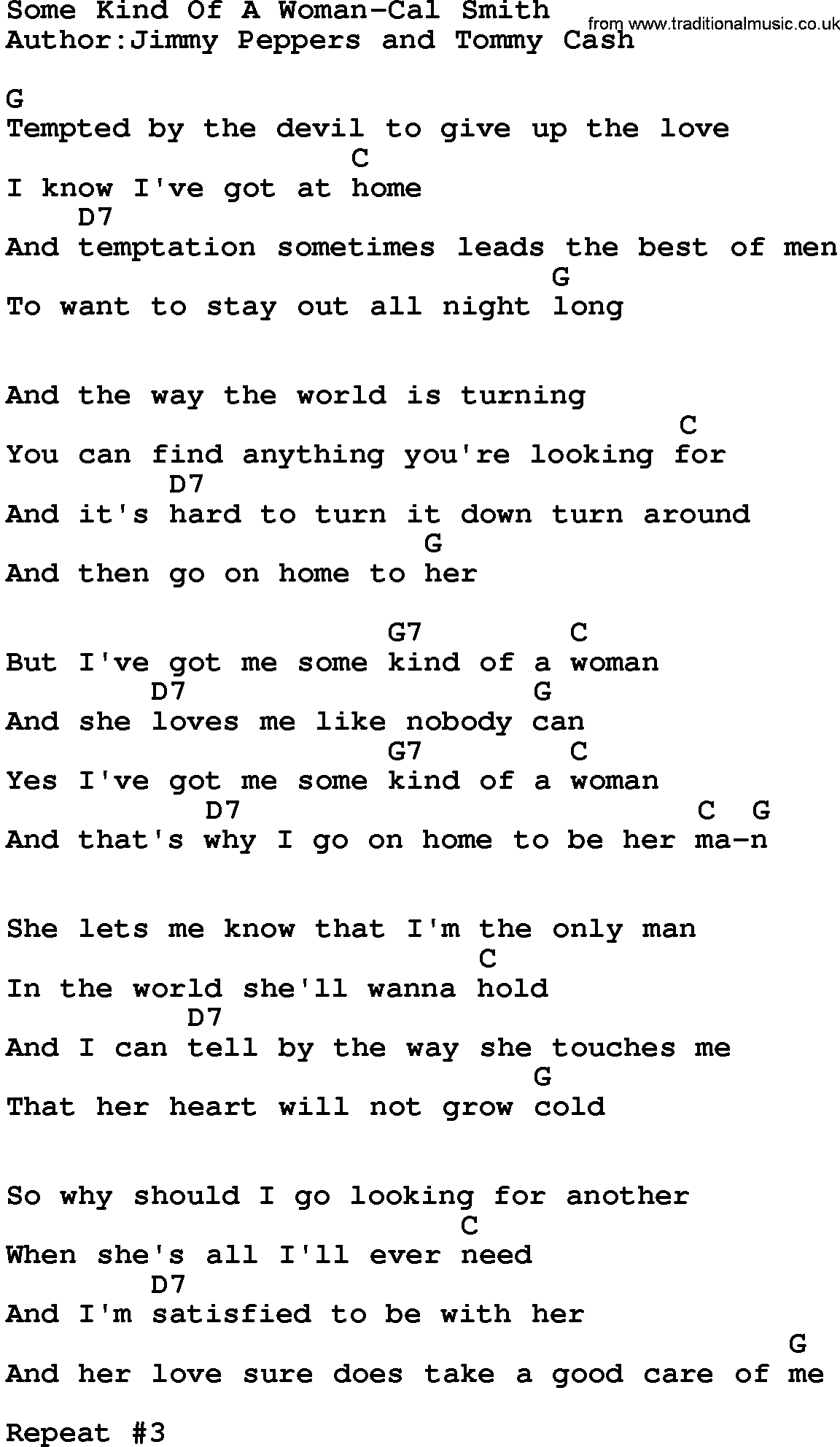 Country music song: Some Kind Of A Woman-Cal Smith lyrics and chords