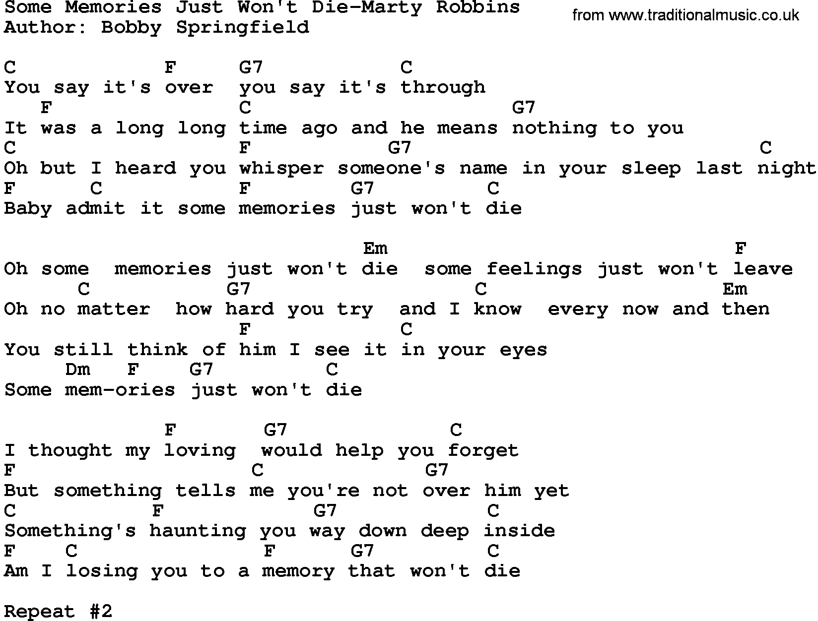 Country music song: Some Memories Just Won't Die-Marty Robbins lyrics and chords