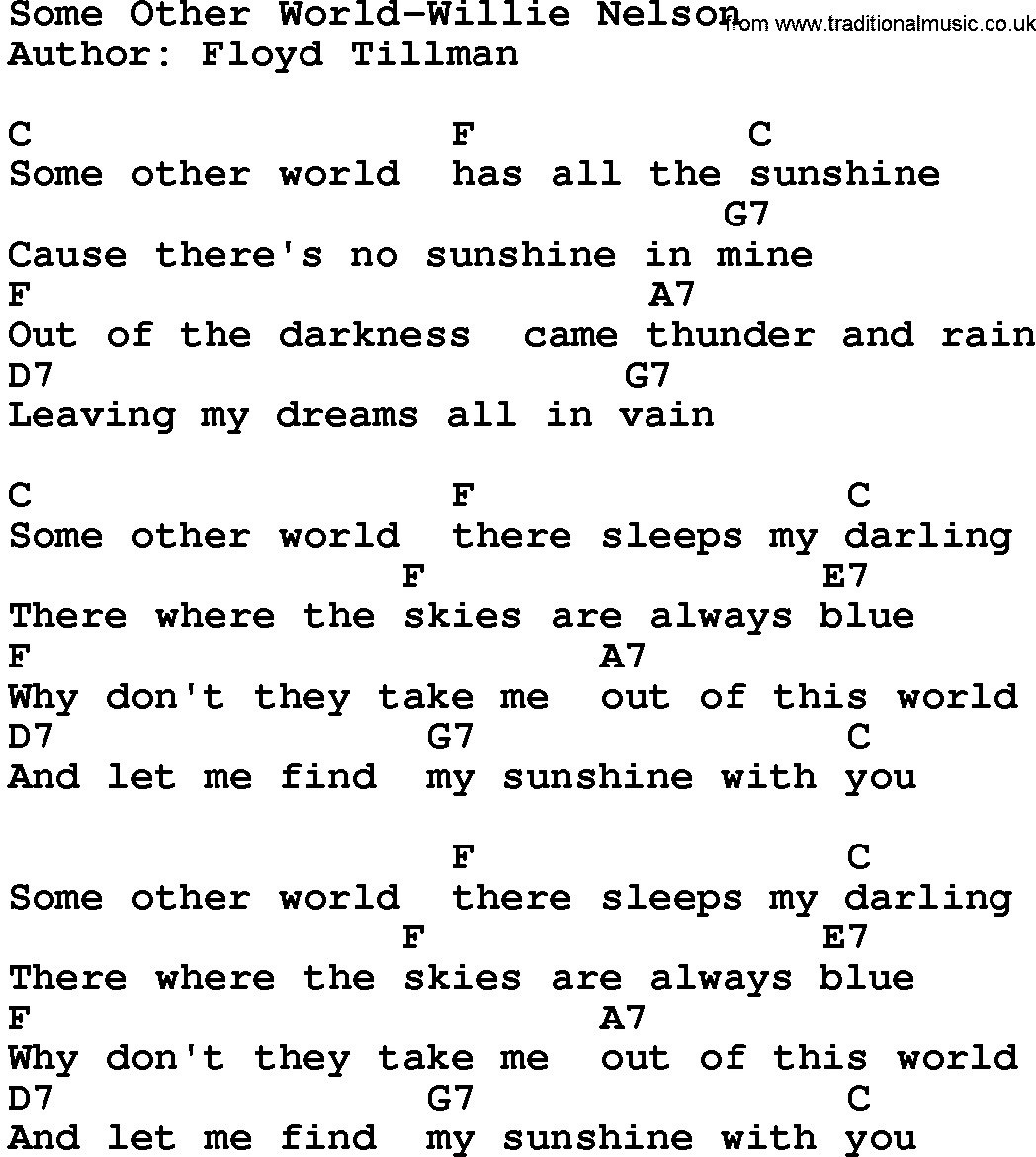 Country music song: Some Other World-Willie Nelson lyrics and chords