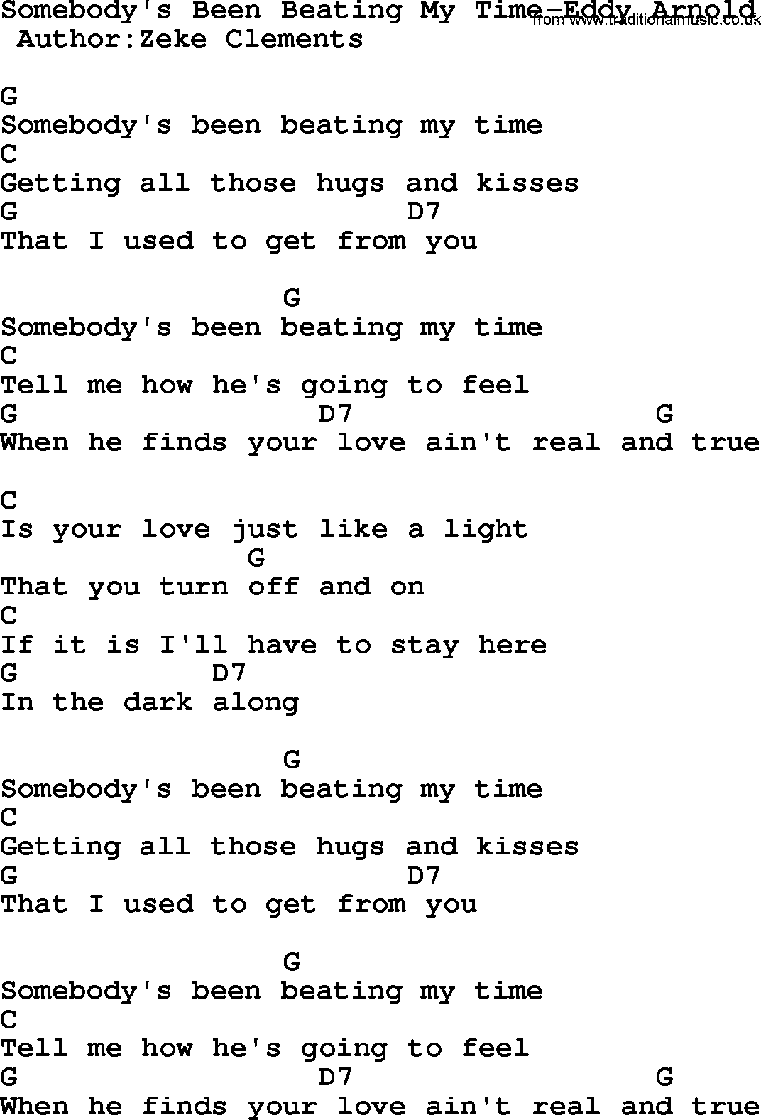 Country music song: Somebody's Been Beating My Time-Eddy Arnold lyrics and chords