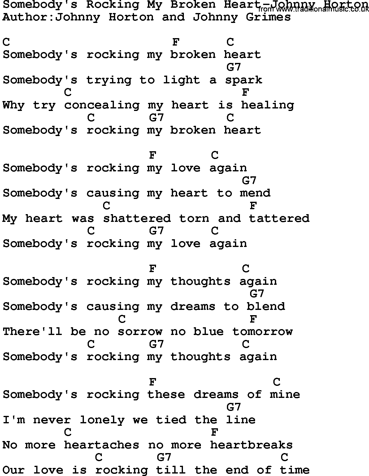 Country music song: Somebody's Rocking My Broken Heart-Johnny Horton lyrics and chords