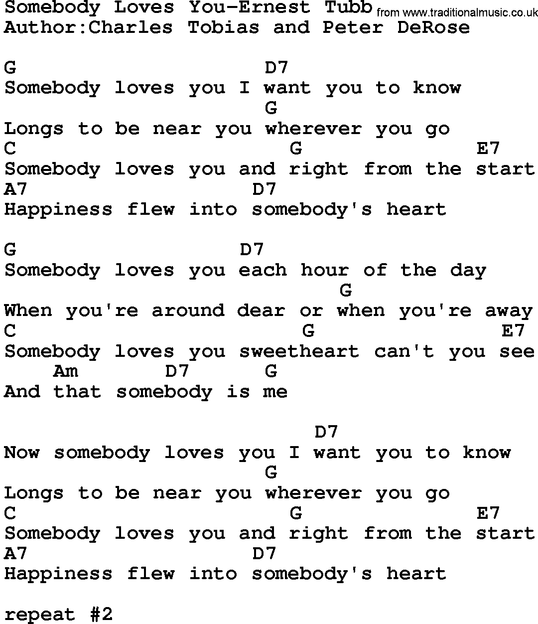 Country music song: Somebody Loves You-Ernest Tubb lyrics and chords