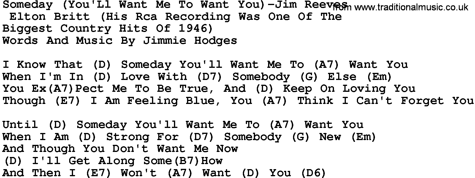 Country music song: Someday(You'll Want Me To Want You)-Jim Reeves lyrics and chords