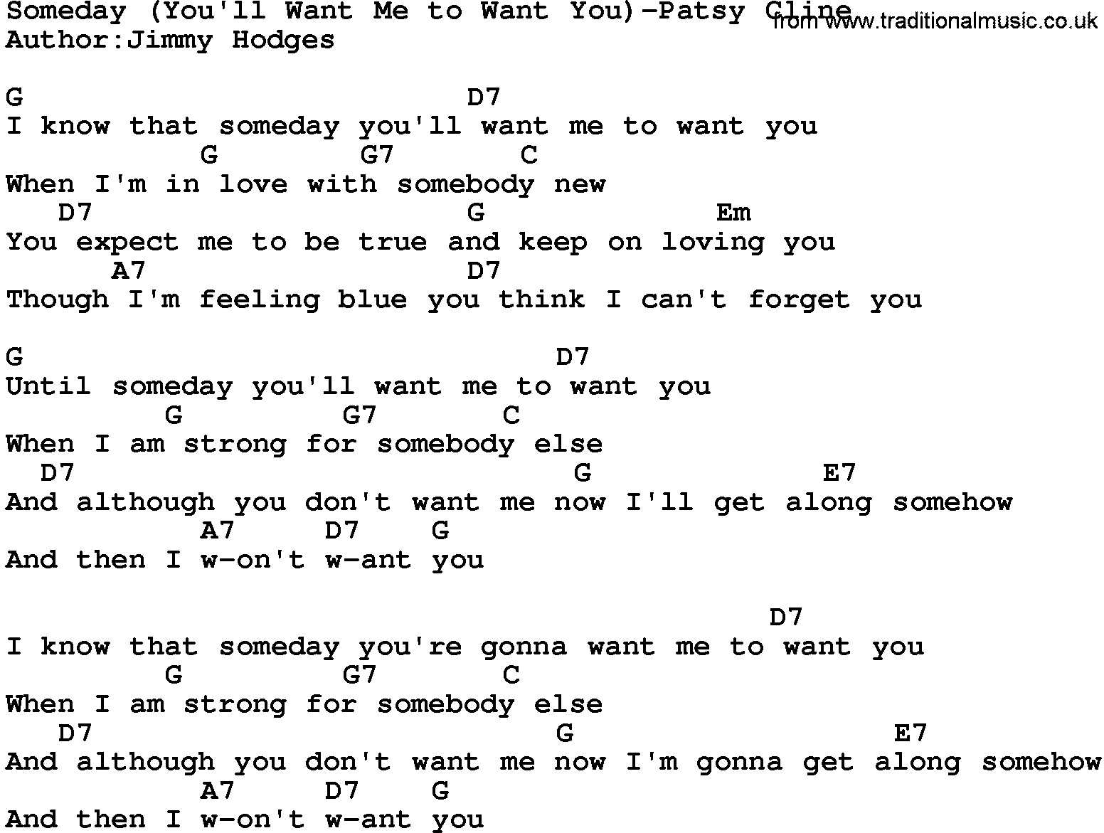 Country music song: Someday(You'll Want Me To Want You)-Patsy Cline lyrics and chords