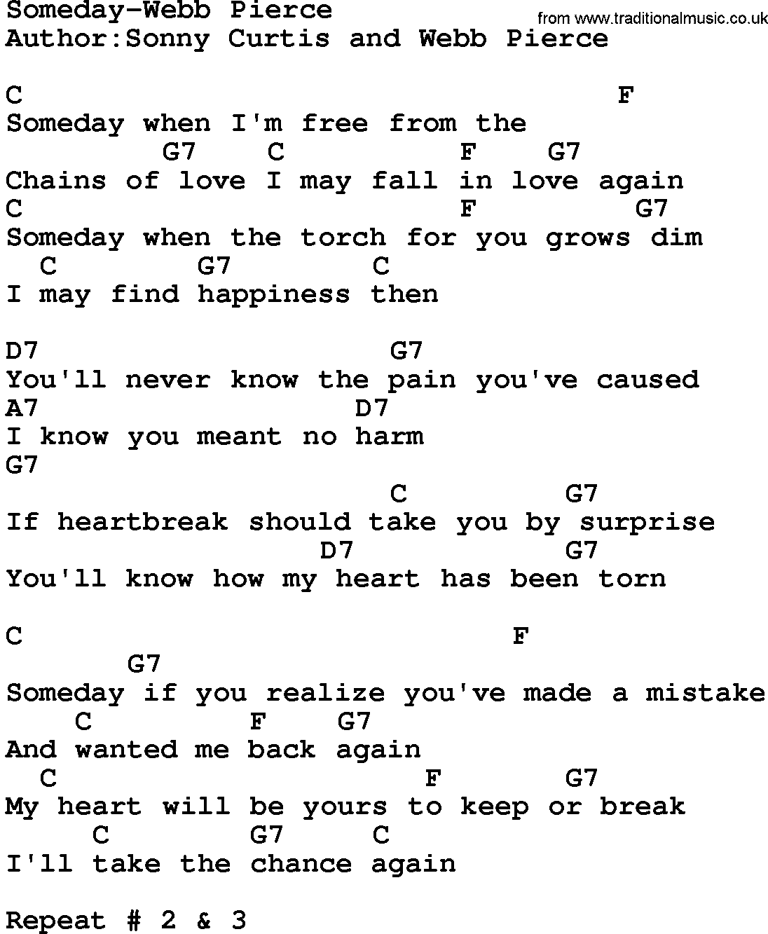 Country music song: Someday-Webb Pierce lyrics and chords