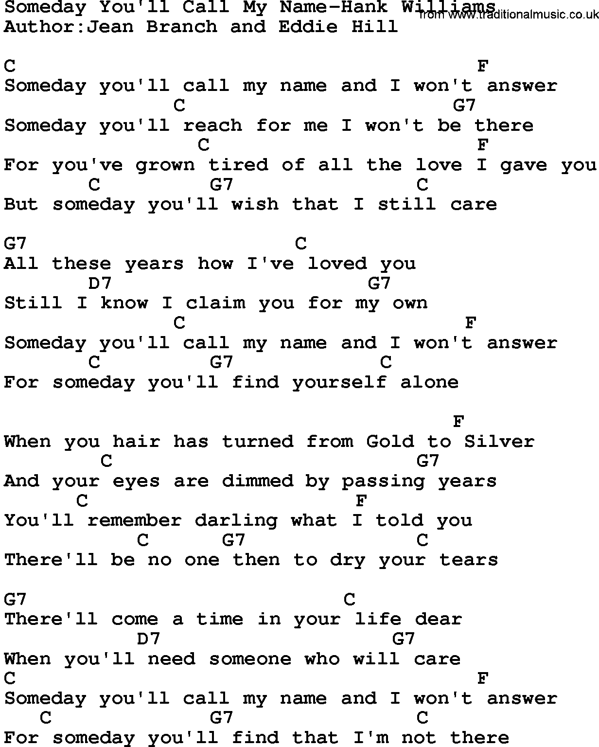 Country music song: Someday You'll Call My Name-Hank Williams lyrics and chords
