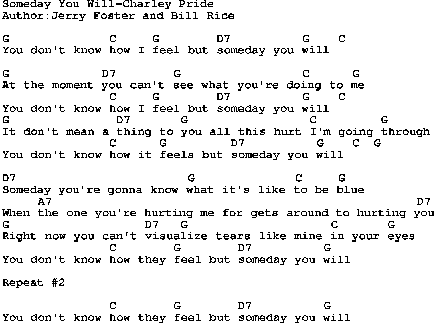 Country music song: Someday You Will-Charley Pride lyrics and chords