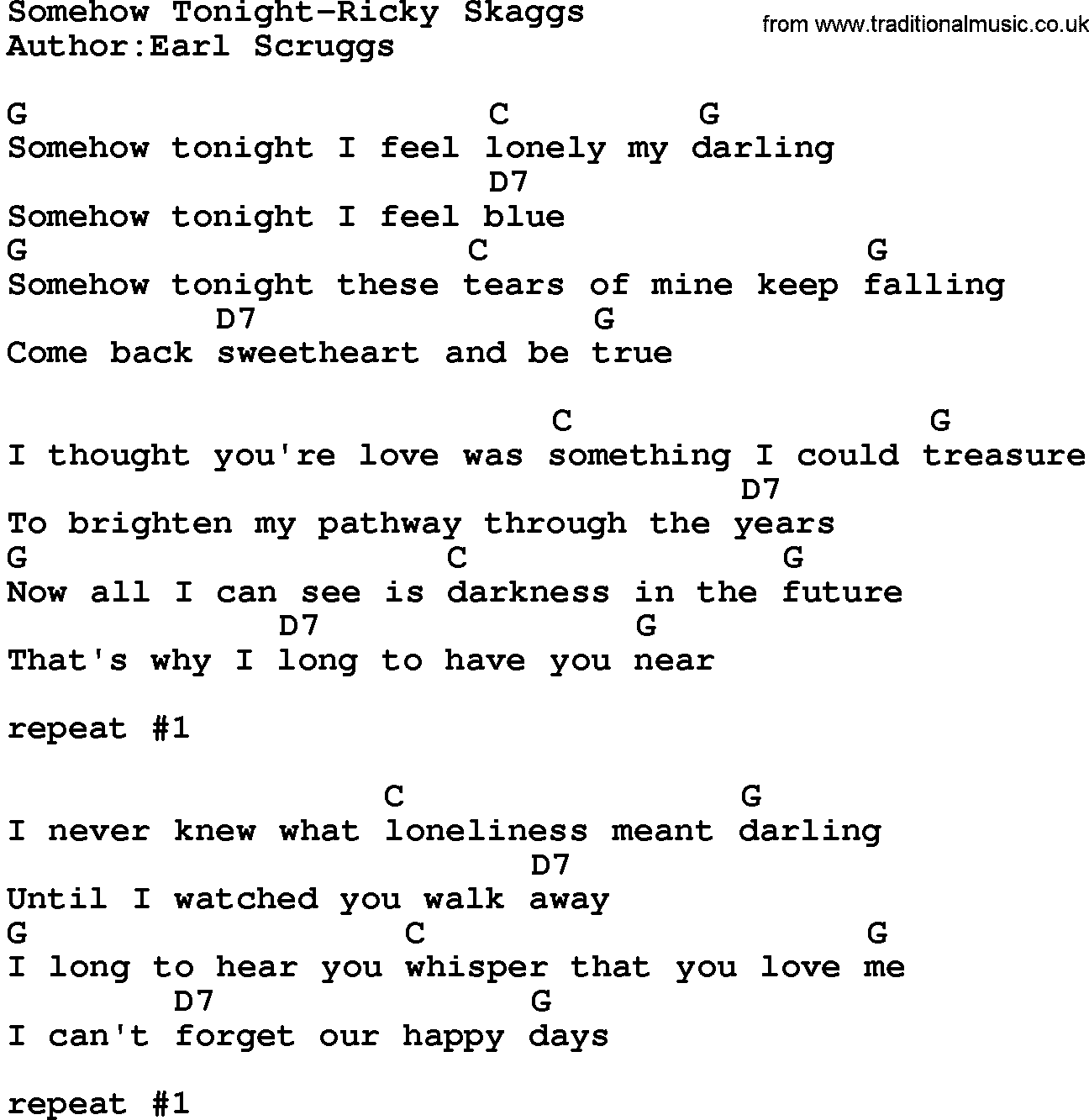 Country music song: Somehow Tonight-Ricky Skaggs lyrics and chords