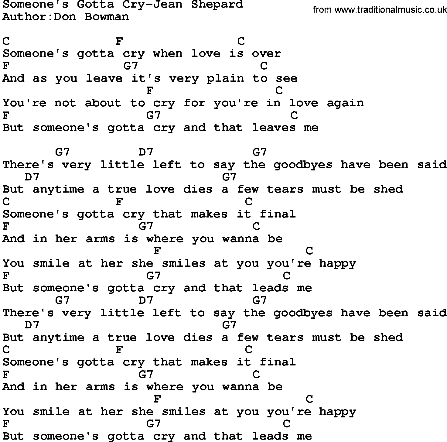 Country music song: Someone's Gotta Cry-Jean Shepard lyrics and chords