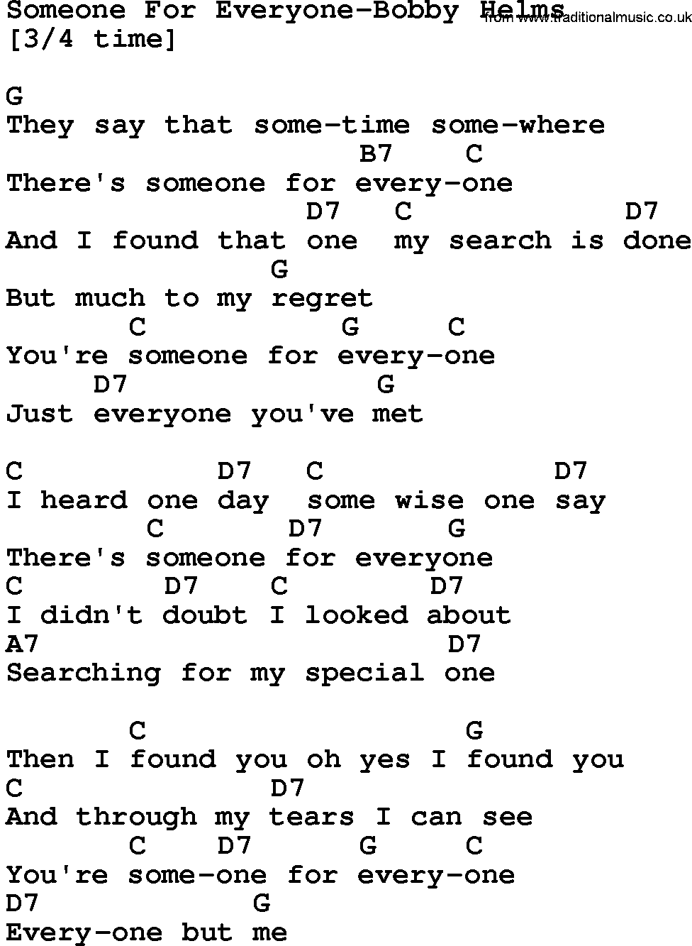 Country music song: Someone For Everyone-Bobby Helms lyrics and chords