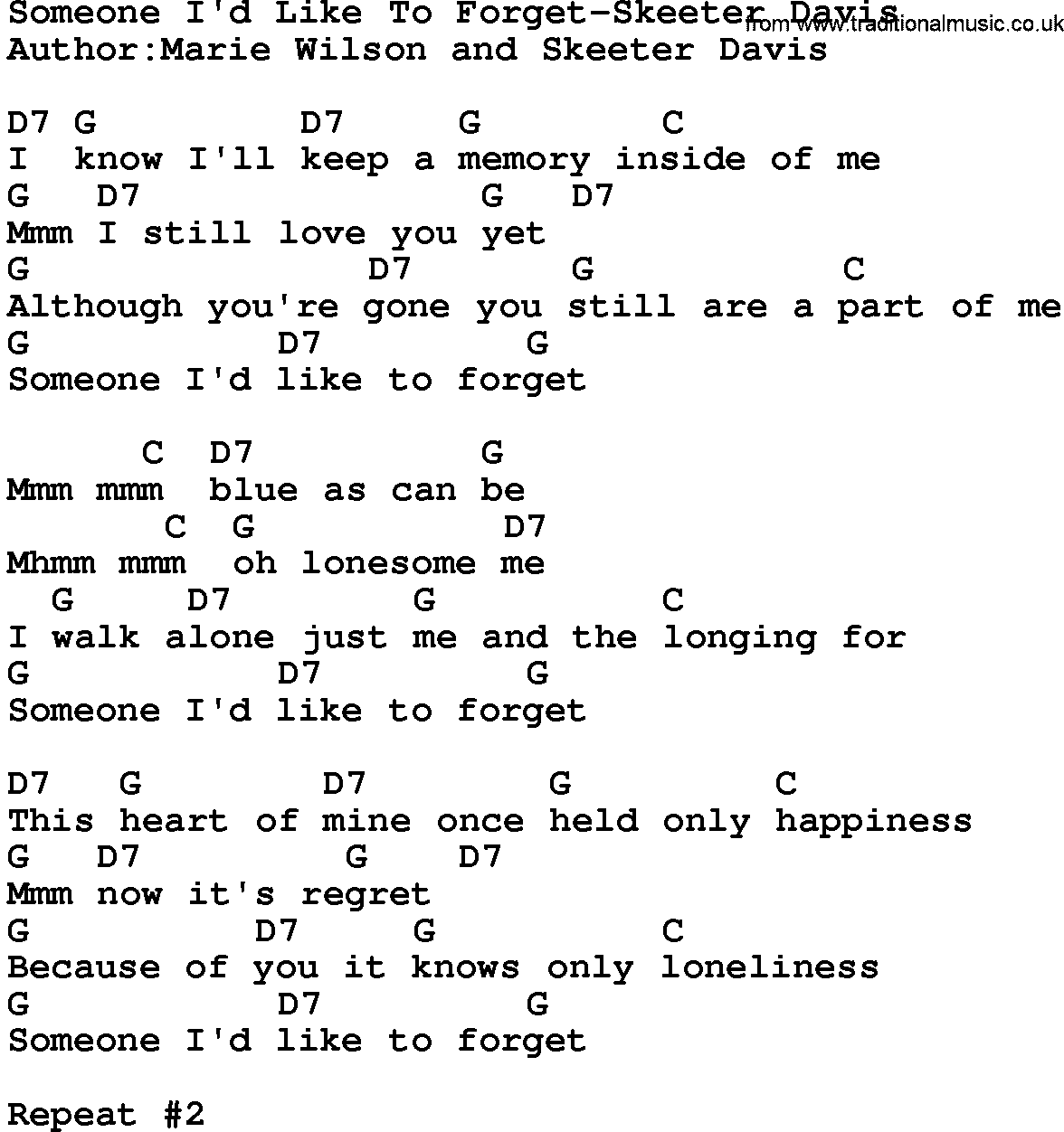 Country music song: Someone I'd Like To Forget-Skeeter Davis lyrics and chords