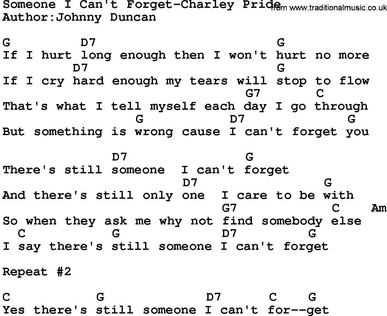 Country music song: Someone I Can't Forget-Charley Pride lyrics and chords