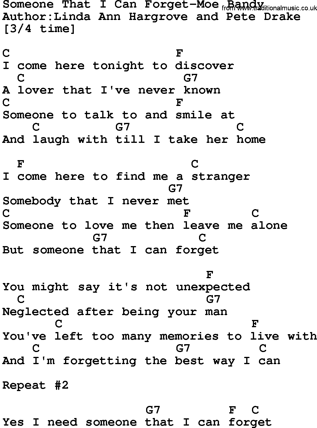 Country music song: Someone That I Can Forget-Moe Bandy lyrics and chords