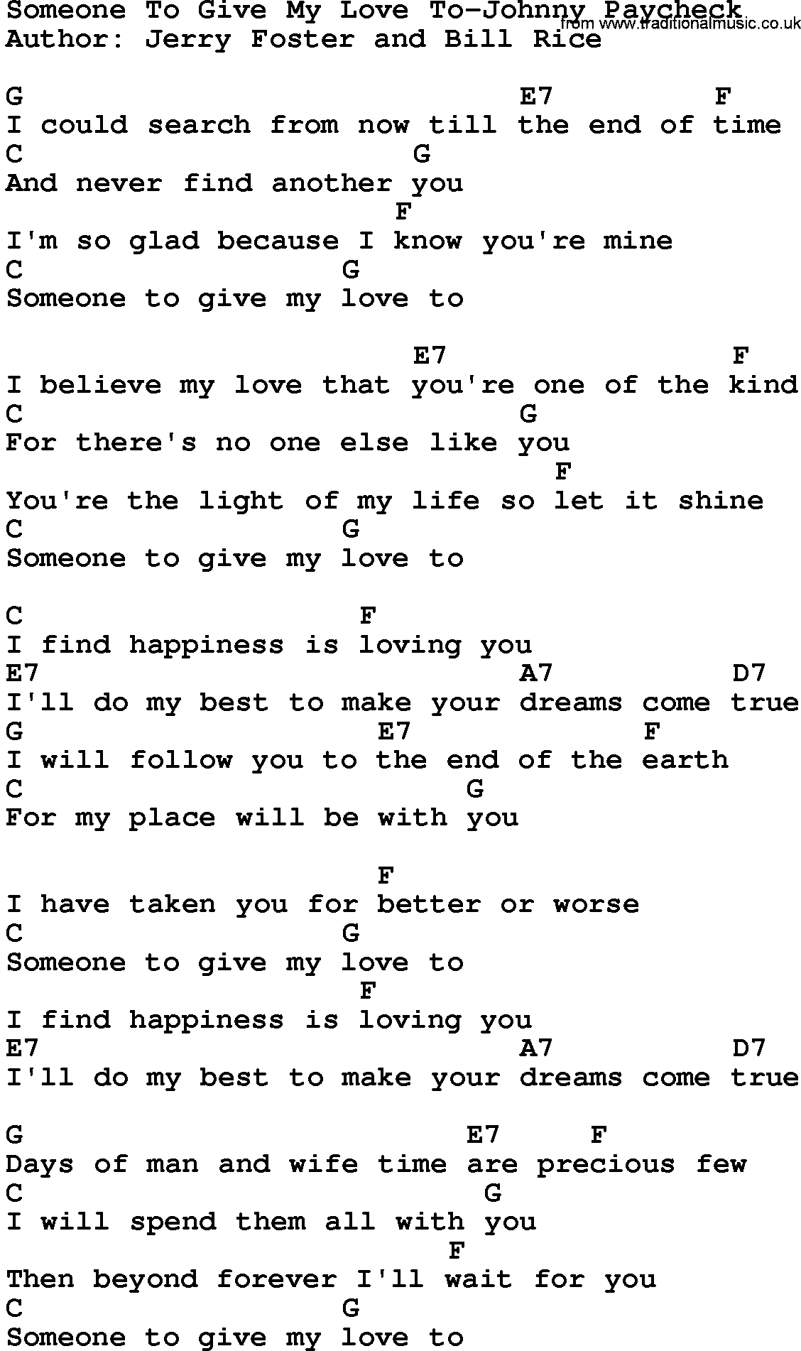 Country music song: Someone To Give My Love To-Johnny Paycheck lyrics and chords