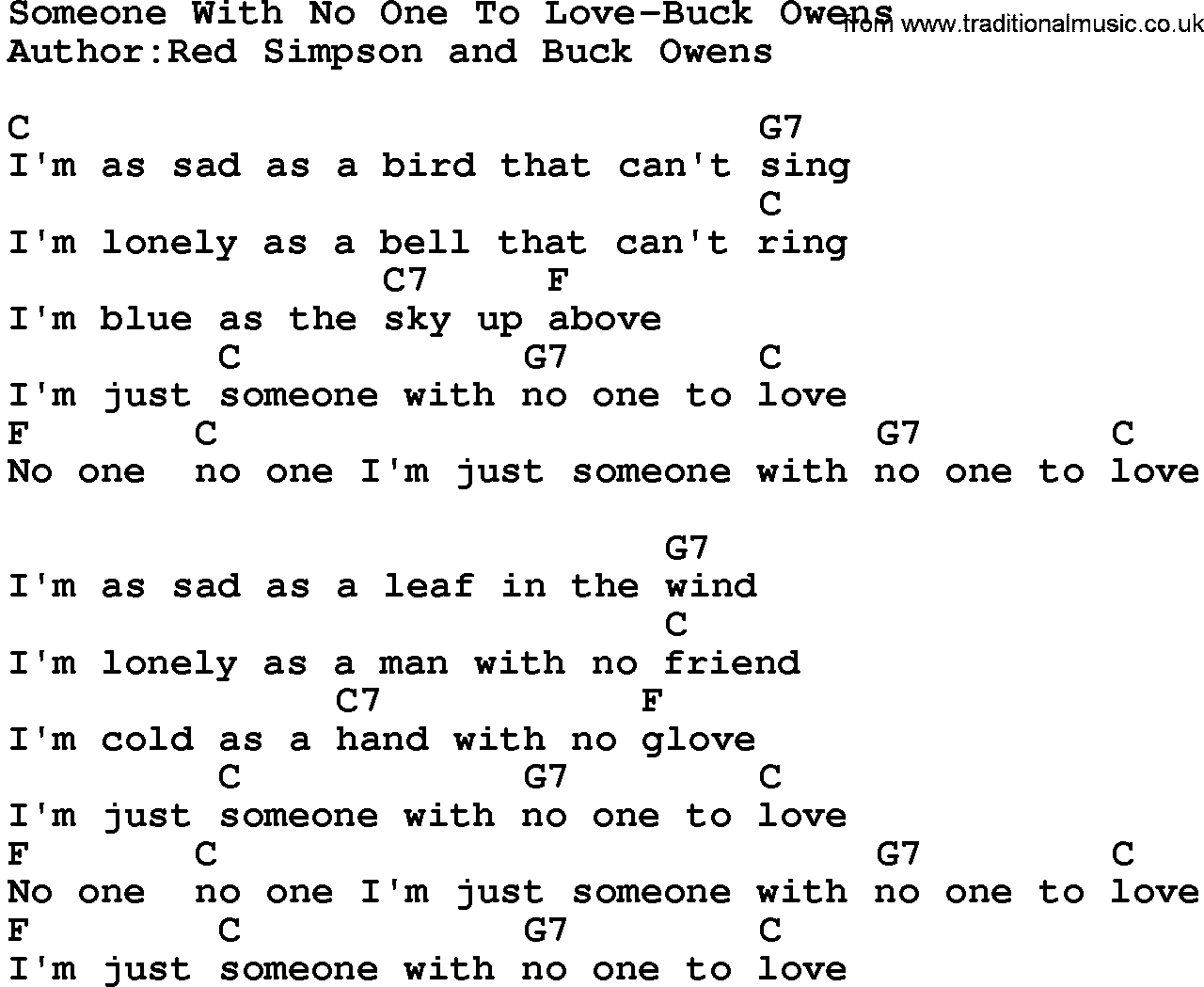 Country music song: Someone With No One To Love-Buck Owens lyrics and chords