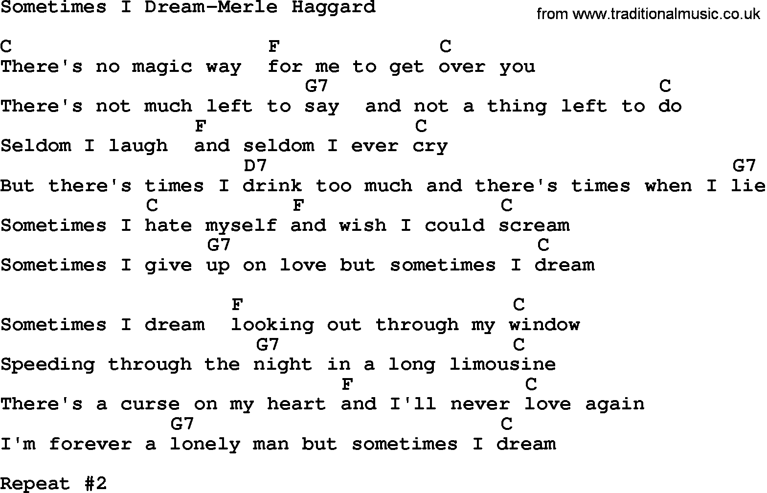 Country music song: Sometimes I Dream-Merle Haggard lyrics and chords