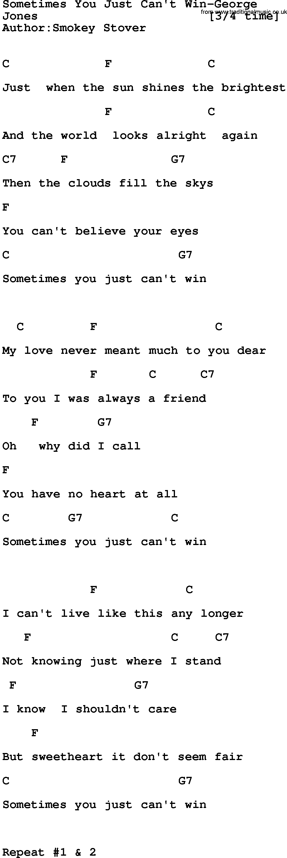 Country music song: Sometimes You Just Can't Win-George lyrics and chords