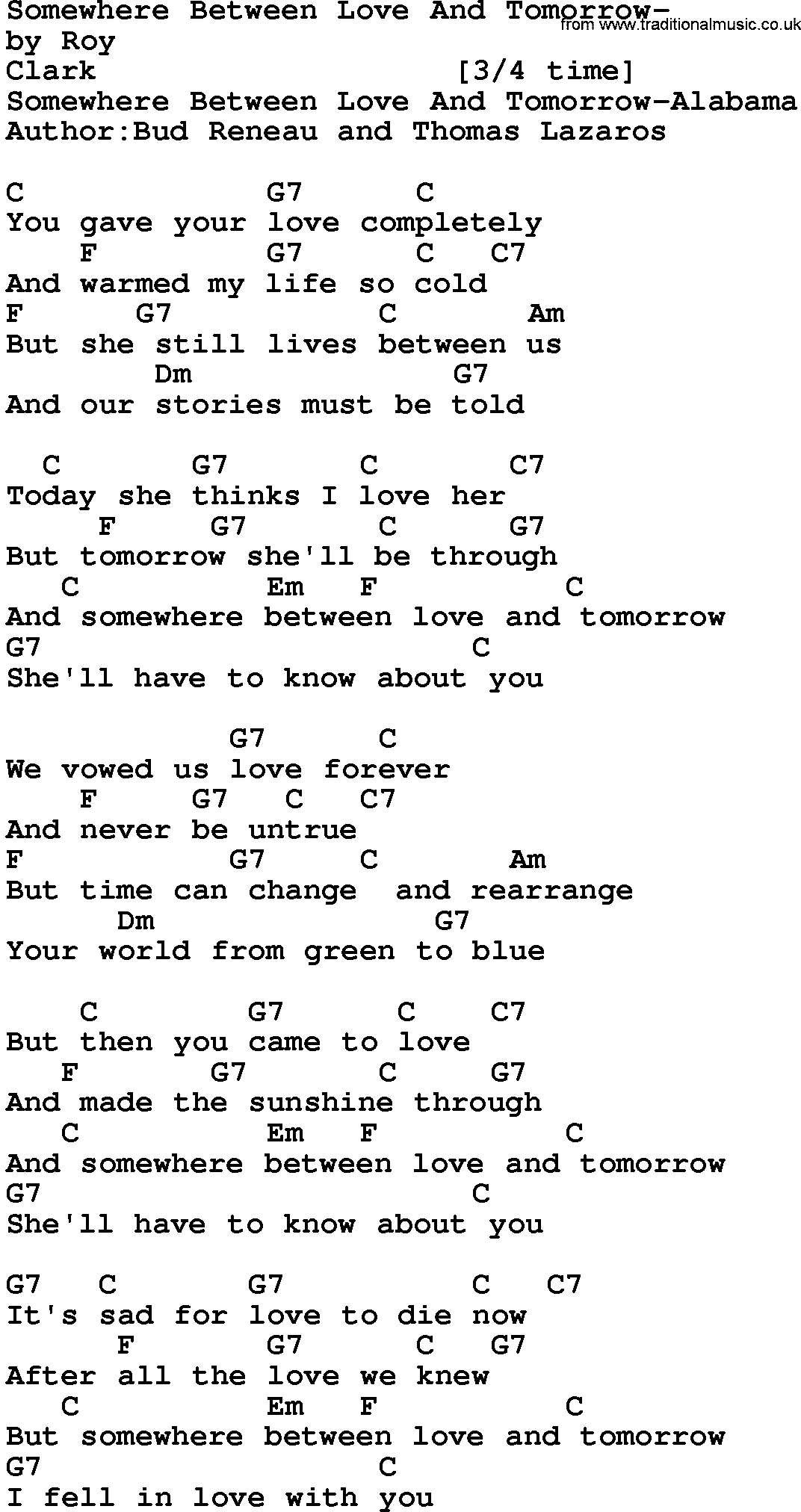 Country music song: Somewhere Between Love And Tomorrow- lyrics and chords