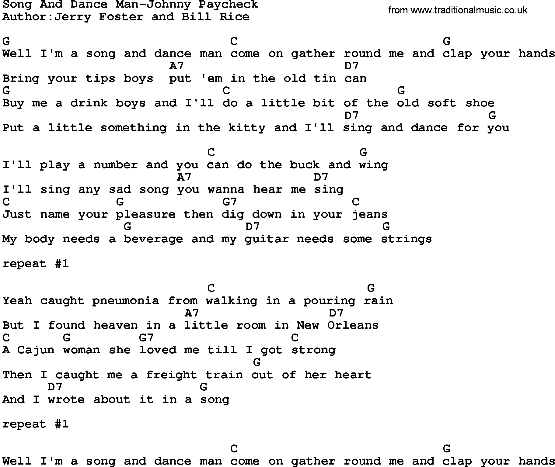 Country music song: Song And Dance Man-Johnny Paycheck lyrics and chords