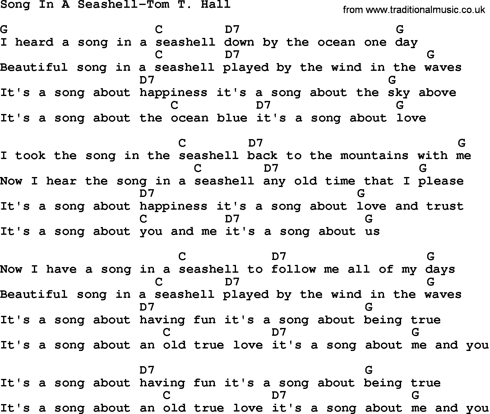 Country music song: Song In A Seashell-Tom T Hall lyrics and chords