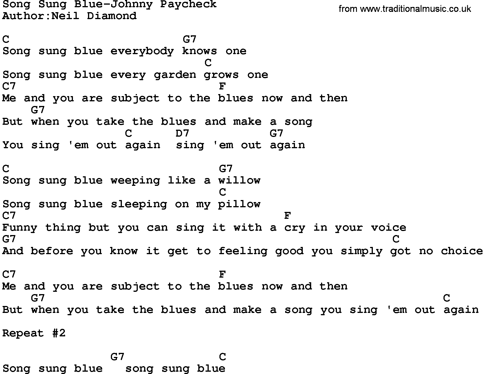 Country music song: Song Sung Blue-Johnny Paycheck lyrics and chords