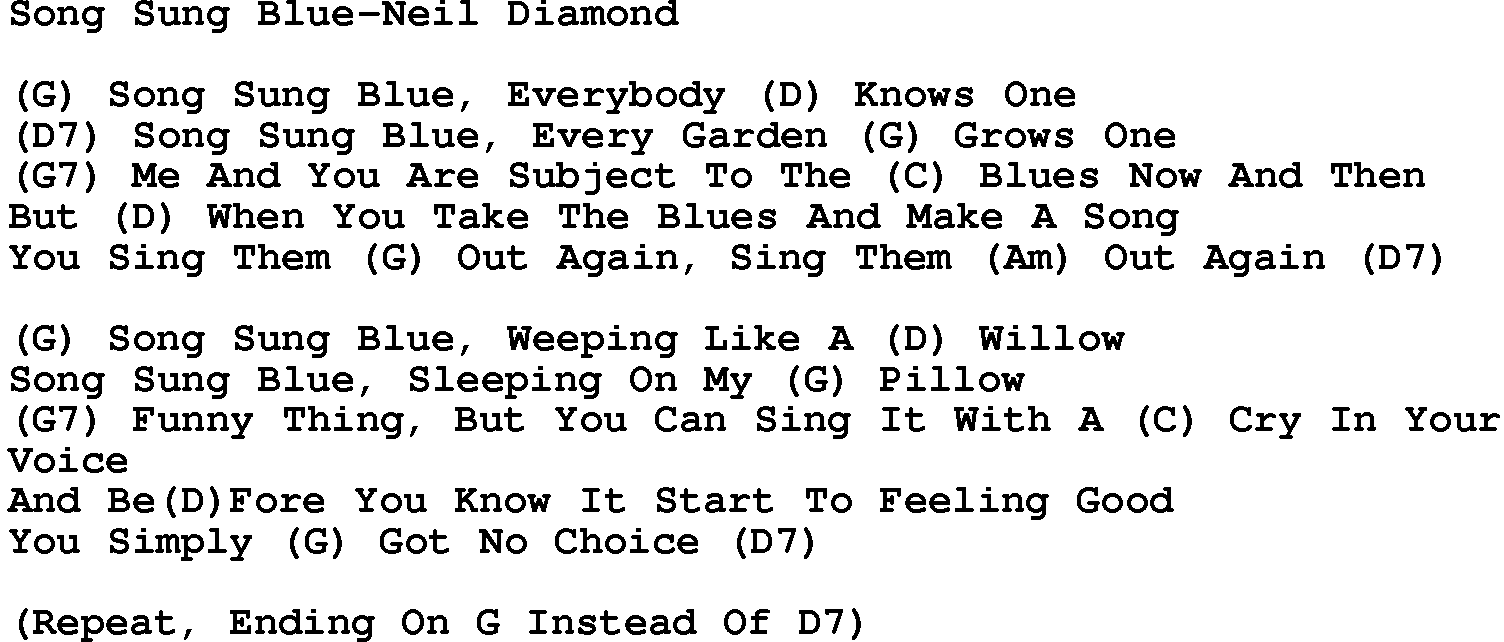 Country music song: Song Sung Blue-Neil Diamond lyrics and chords