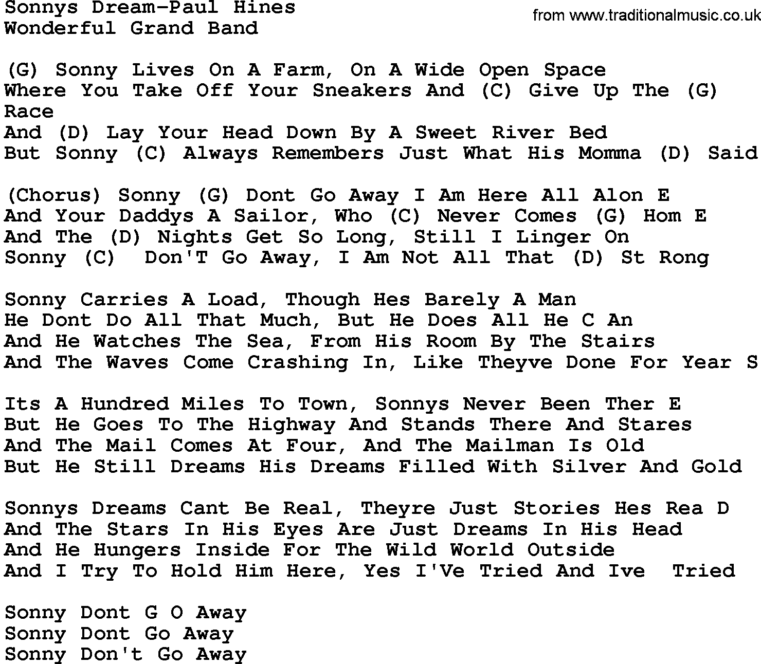 Country music song: Sonnys Dream-Paul Hines lyrics and chords