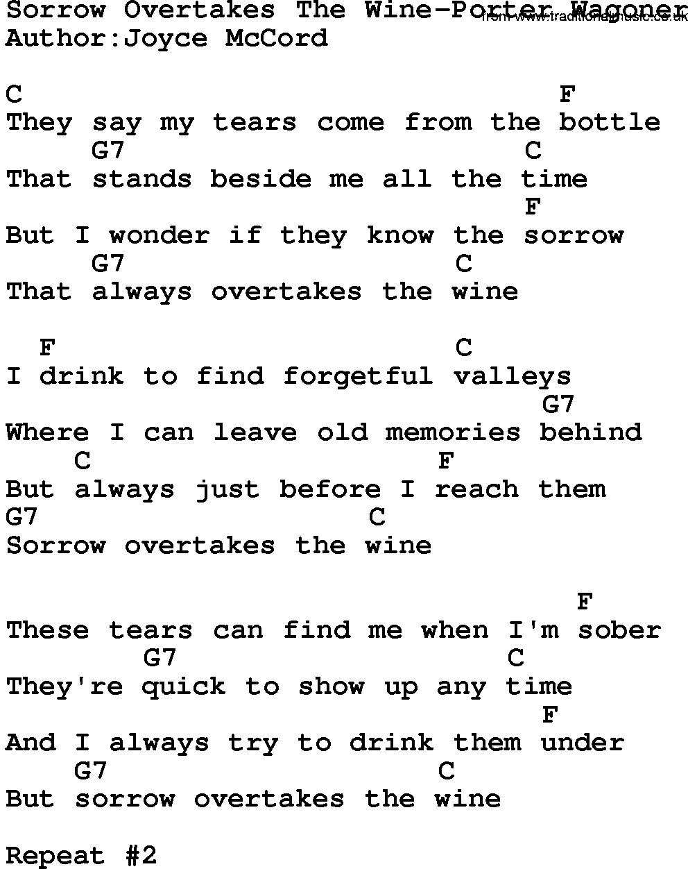 Country music song: Sorrow Overtakes The Wine-Porter Wagoner lyrics and chords