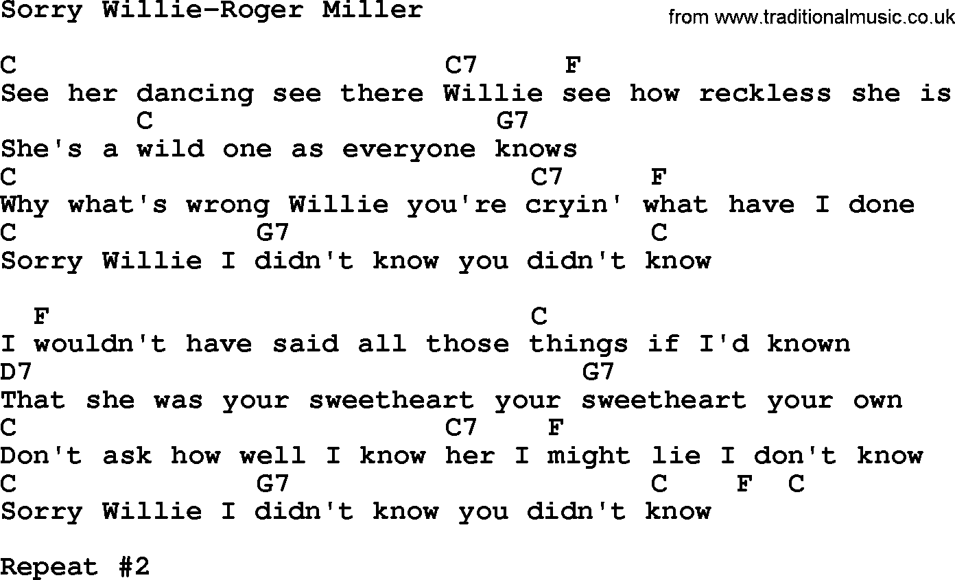 Country music song: Sorry Willie-Roger Miller lyrics and chords