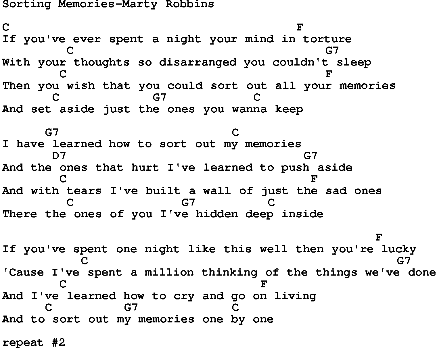 Country music song: Sorting Memories-Marty Robbins lyrics and chords