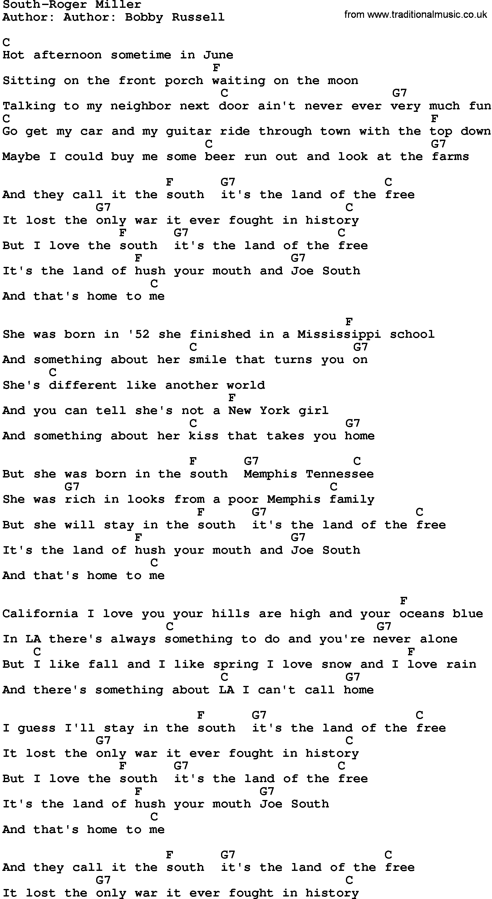 Country music song: South-Roger Miller lyrics and chords