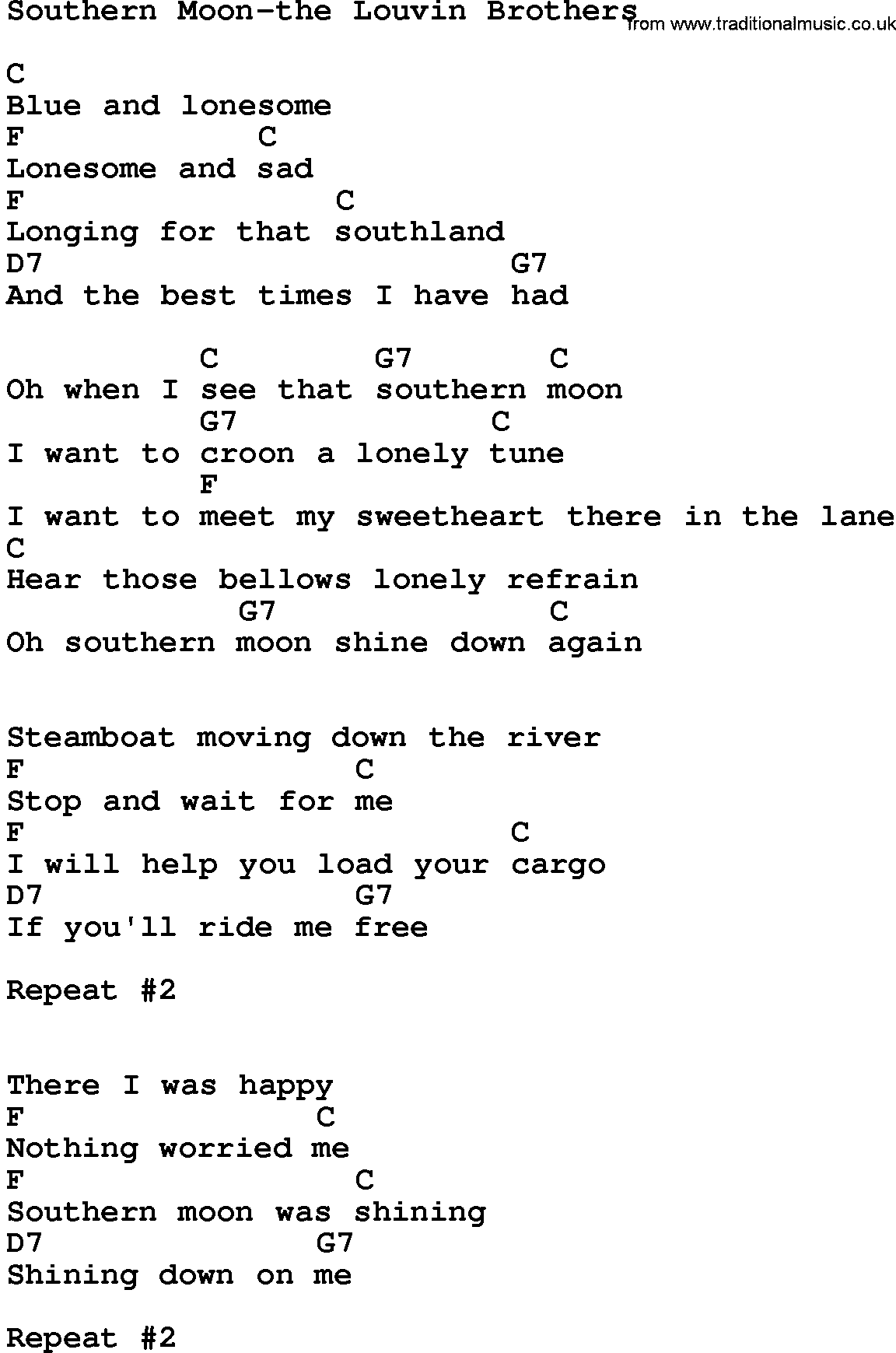 Country music song: Southern Moon-The Louvin Brothers lyrics and chords