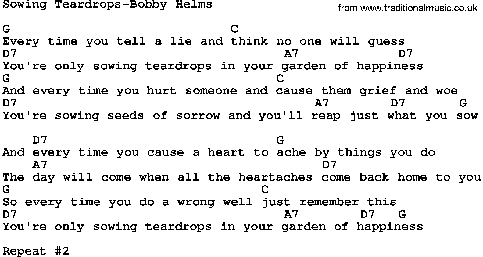 Country music song: Sowing Teardrops-Bobby Helms lyrics and chords
