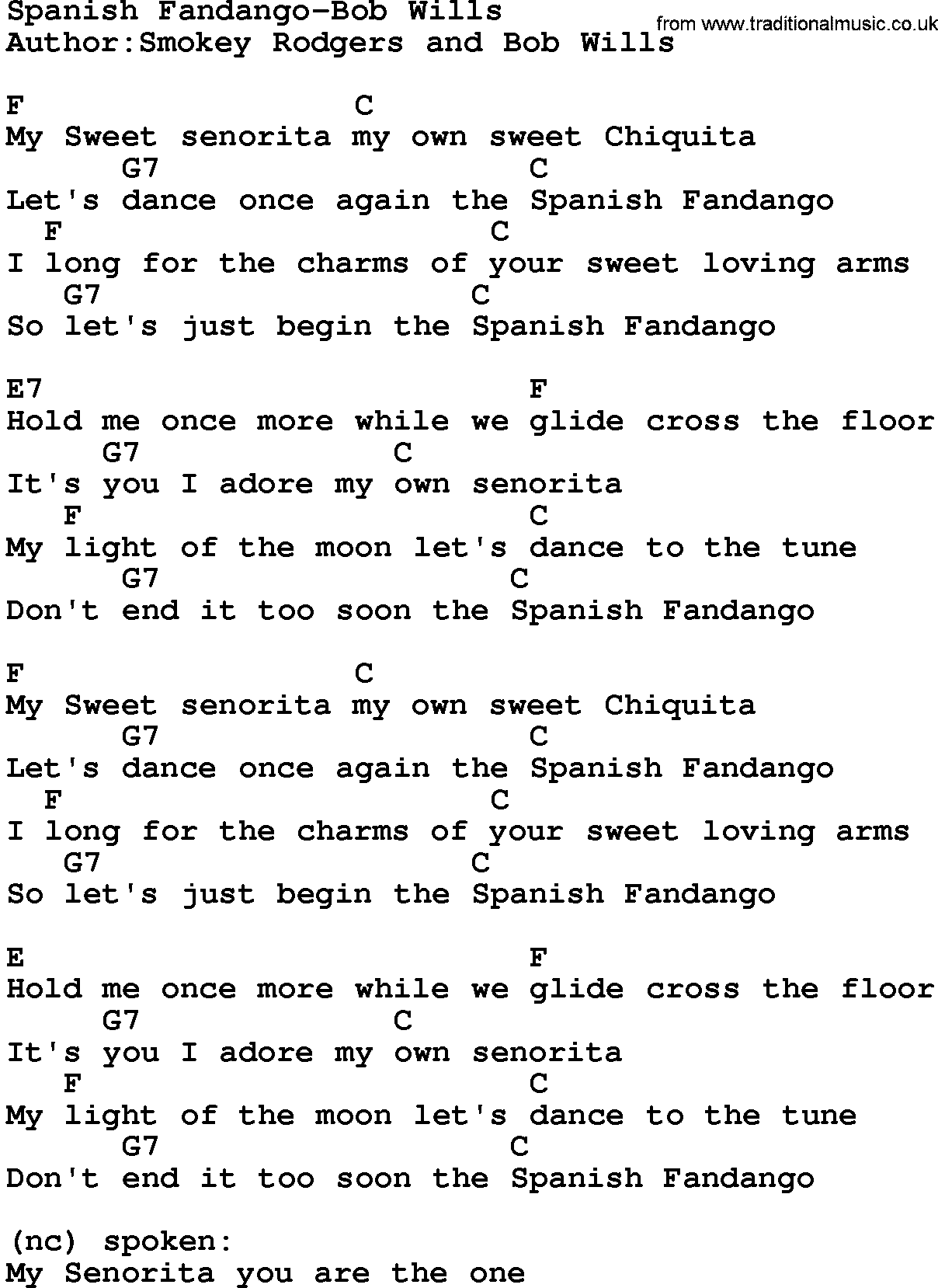 Country music song: Spanish Fandango-Bob Wills lyrics and chords
