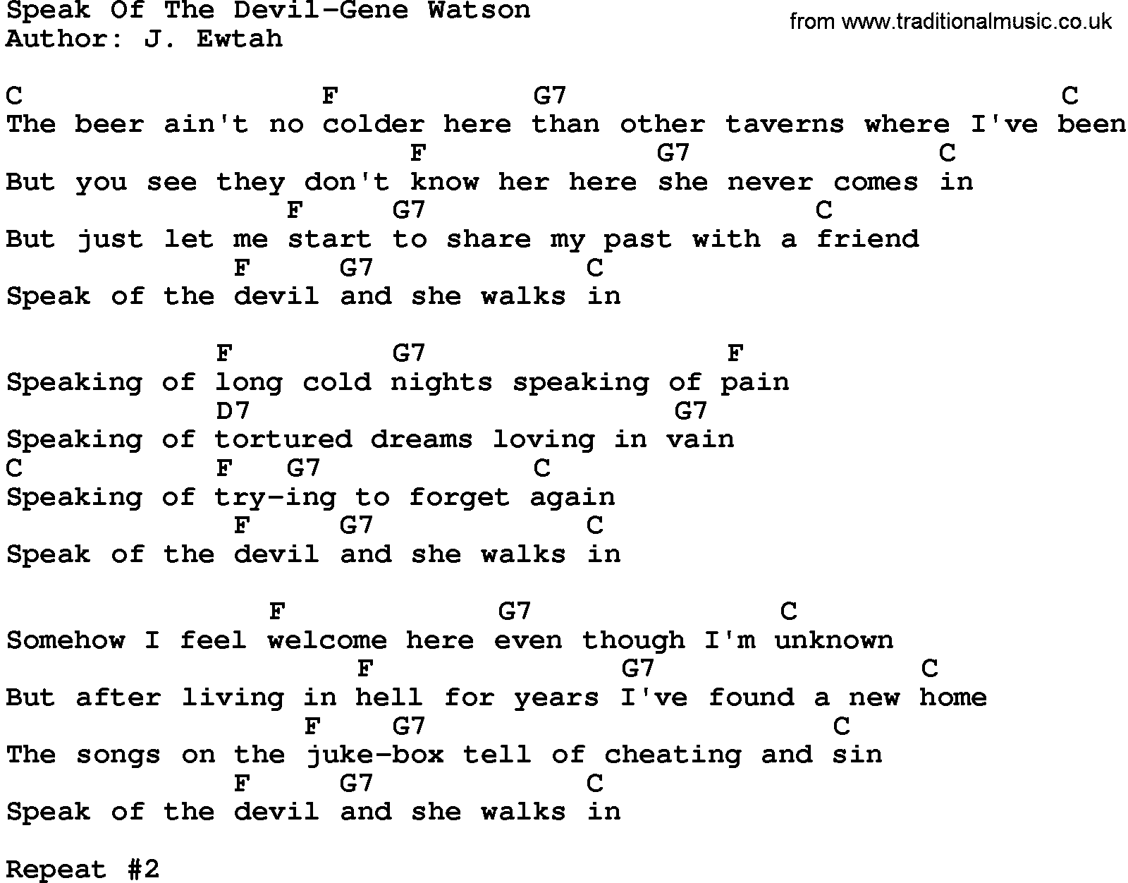 Country music song: Speak Of The Devil-Gene Watson lyrics and chords