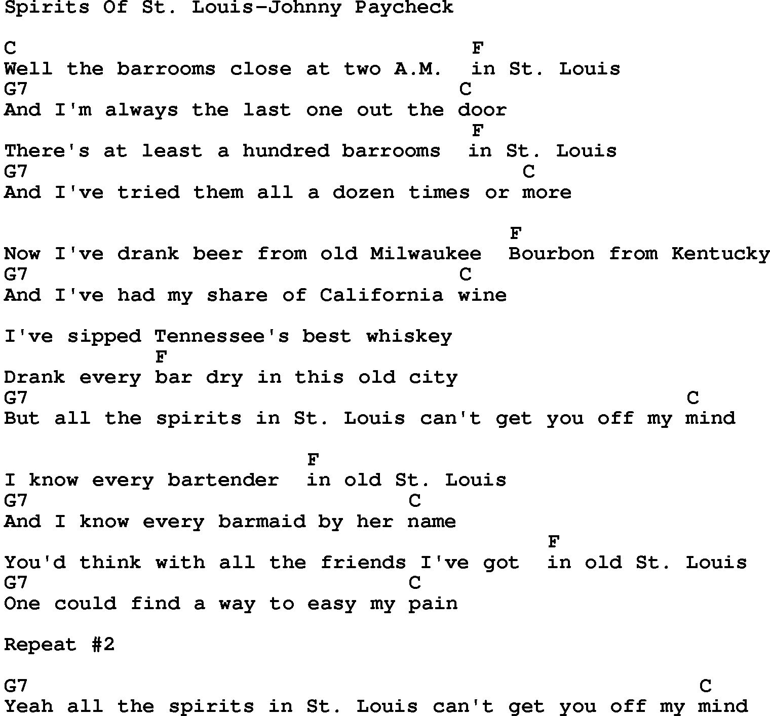 Country music song: Spirits Of St Louis-Johnny Paycheck lyrics and chords