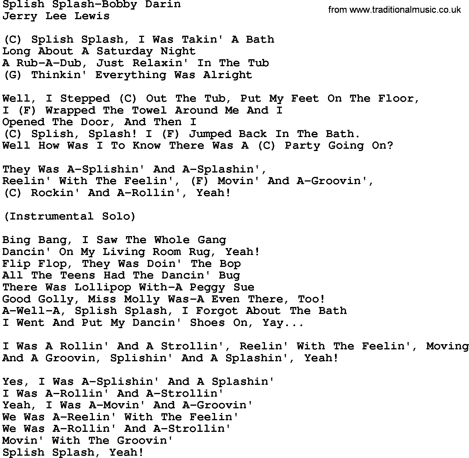 Country music song: Splish Splash-Bobby Darin lyrics and chords