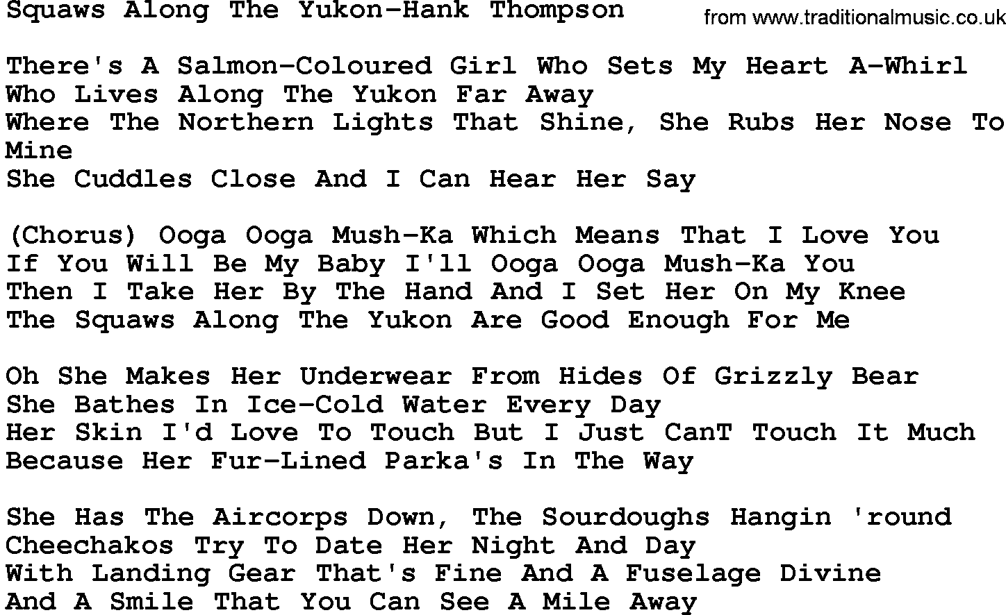 Country music song: Squaws Along The Yukon-Hank Thompson lyrics and chords