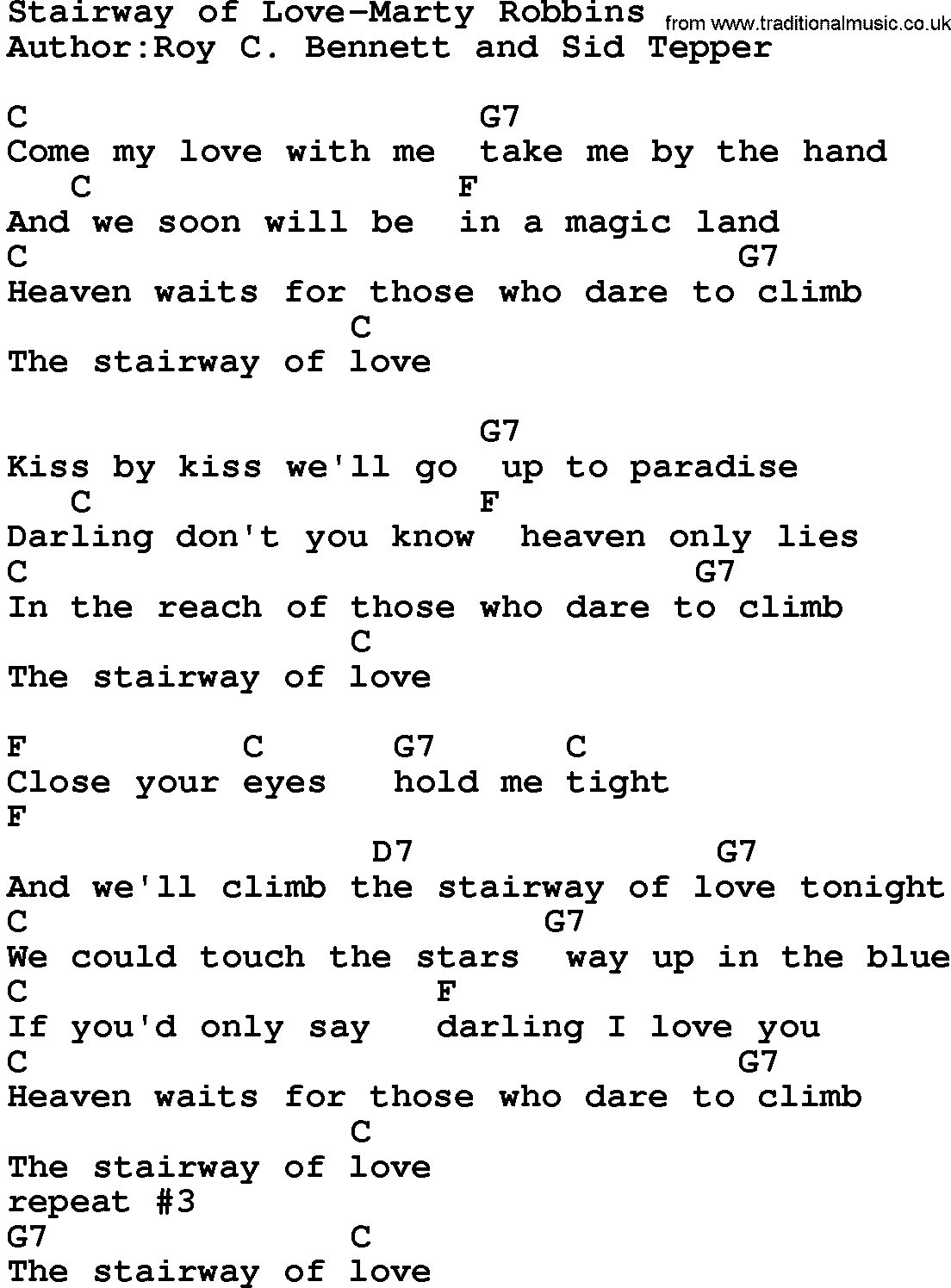 Country music song: Stairway Of Love-Marty Robbins lyrics and chords