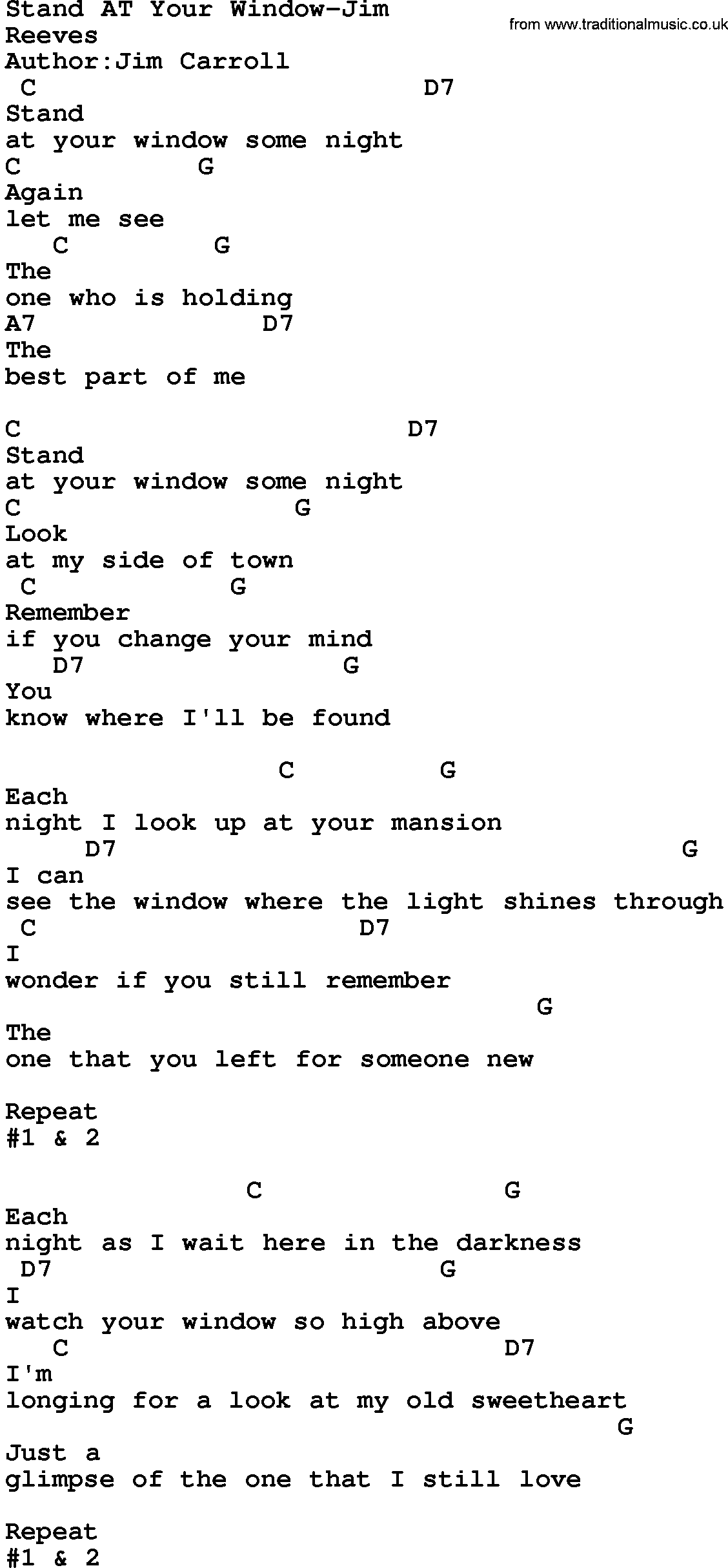 Country music song: Stand At Your Window-Jim lyrics and chords