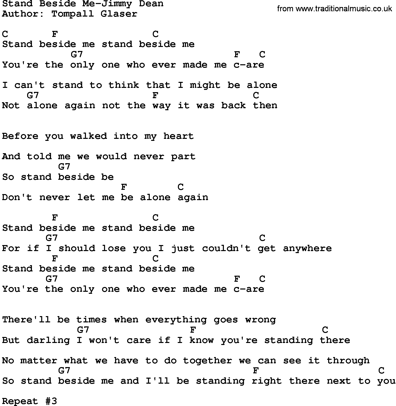 Country music song: Stand Beside Me-Jimmy Dean lyrics and chords