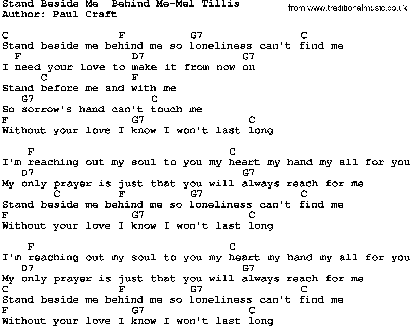 Country music song: Stand Beside Me Behind Me-Mel Tillis lyrics and chords