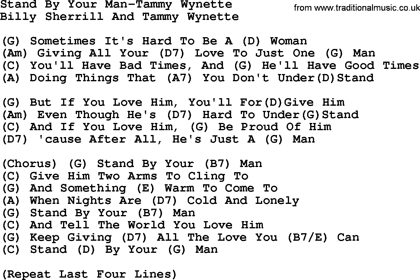 Country music song: Stand By Your Man-Tammy Wynette lyrics and chords