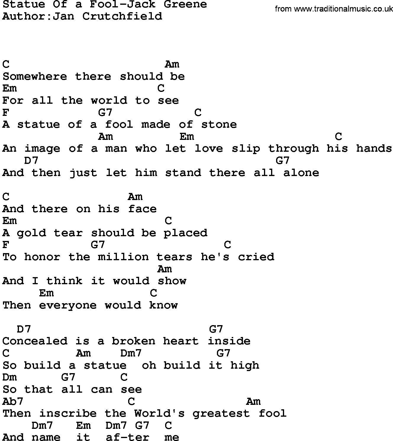 Country music song: Statue Of A Fool-Jack Greene lyrics and chords
