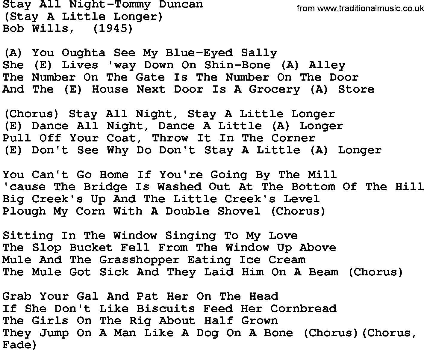 Country music song: Stay All Night-Tommy Duncan lyrics and chords